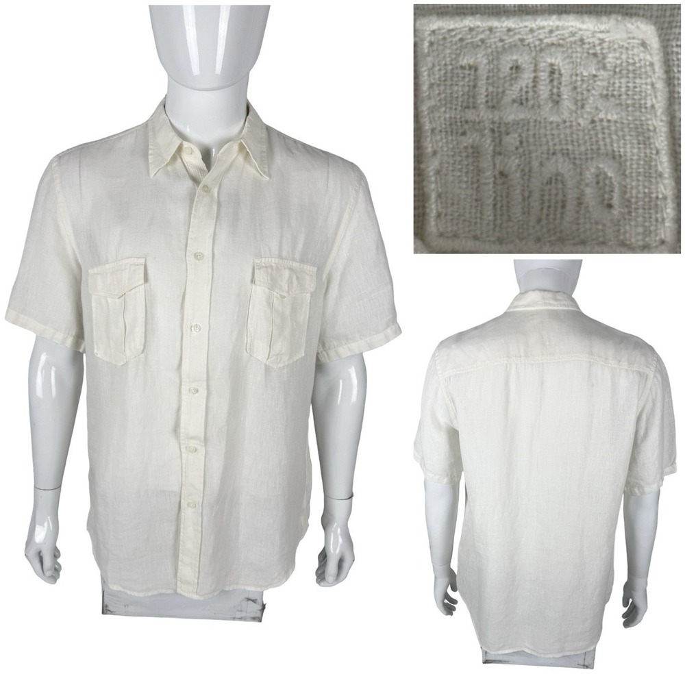 120% Lino Mens XL Shirt Off White Ivory Short Sleeve 100% Linen Made In Italy